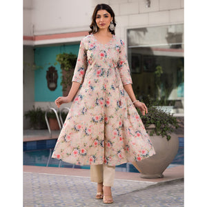 Cream Floral Printed Mulmul Cotton Anarkali Salwar Suit