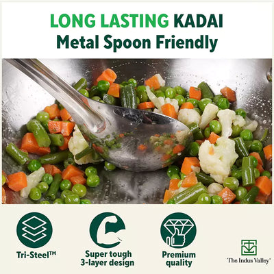 TurboCuk Tri-ply Stainless Steel Kadai+ Steel Lid, Premium Quality, 3 Layer Thick Body, 100% Toxin-free,