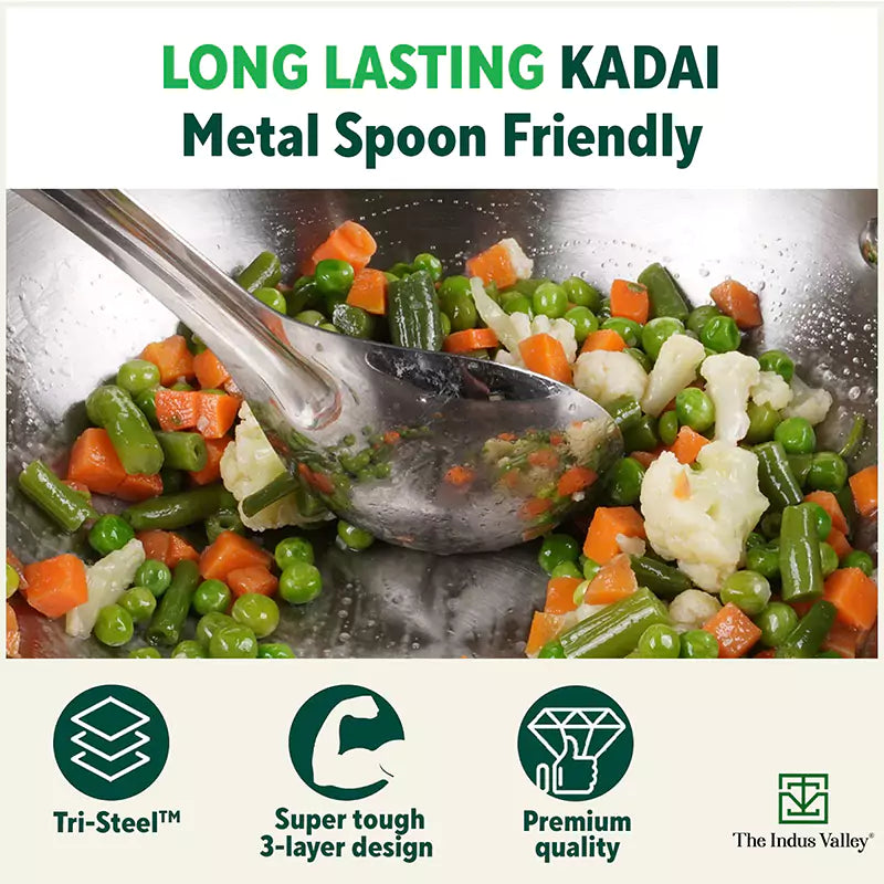 TurboCuk Tri-ply Stainless Steel Kadai+ Steel Lid, Premium Quality, 3 Layer Thick Body, 100% Toxin-free,