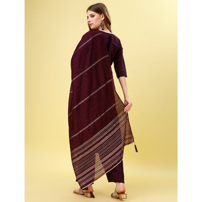 Dark Wine Mirror Embroidered Viscose Salwar Suit