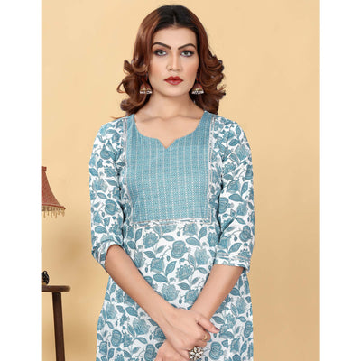 Greyish Blue Floral Printed Cotton Blend Salwar Suit