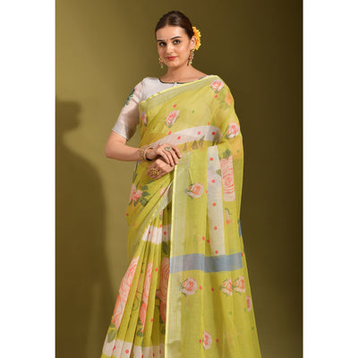 green-floral-digital-printed-linen-saree-with-tassels-1