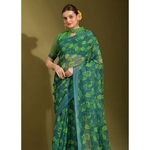 green-digital-printed-linen-saree-with-tassels-2