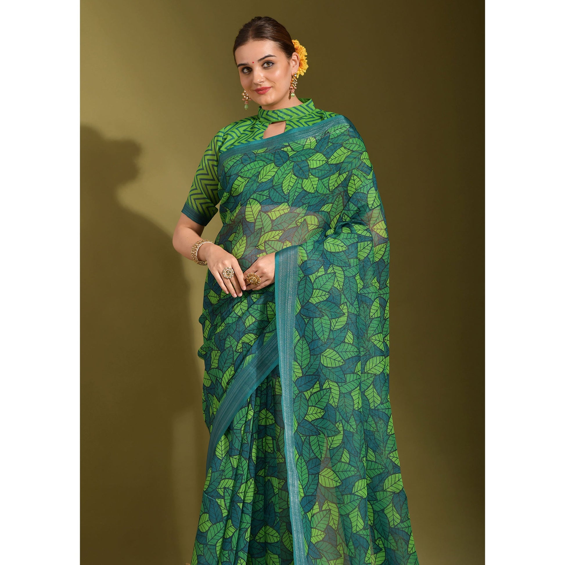 green-digital-printed-linen-saree-with-tassels-2