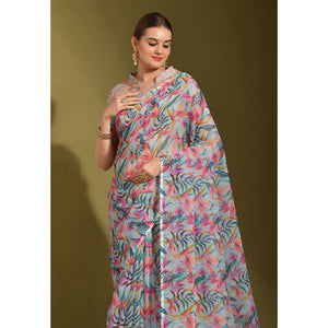 Multicolor Floral Digital Printed Linen Saree With Tassels