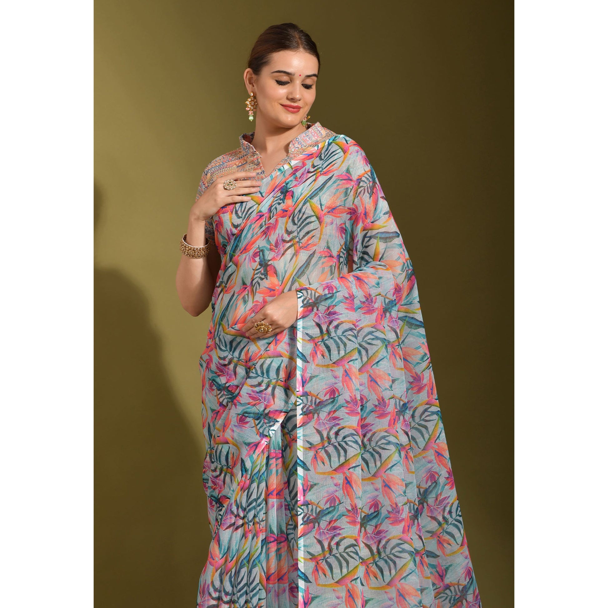 Multicolor Floral Digital Printed Linen Saree With Tassels