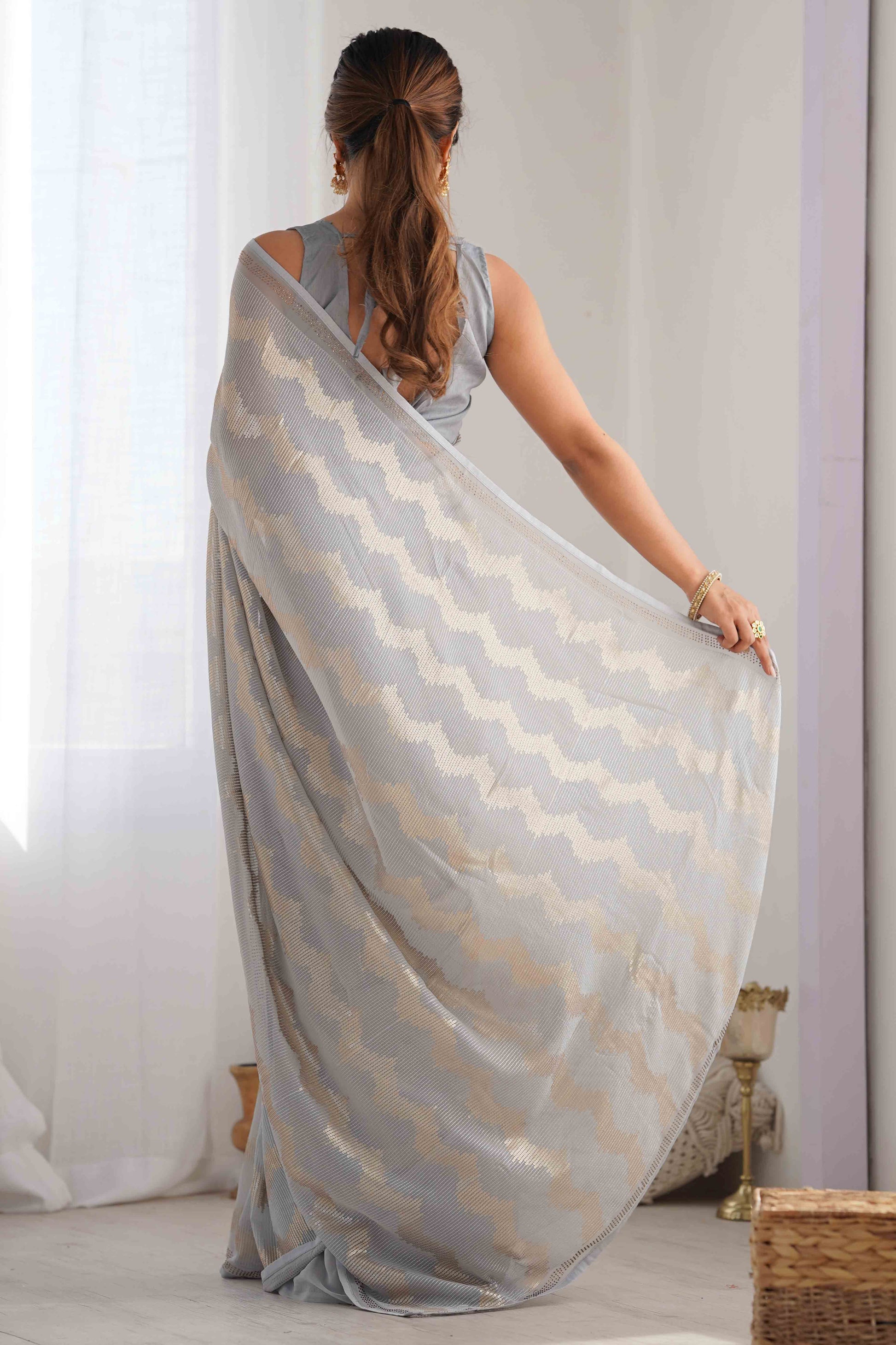 Grey Sequins Embroidered Georgette Saree