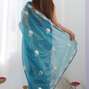 Dusty Teal Floral Embroidered Net Saree
