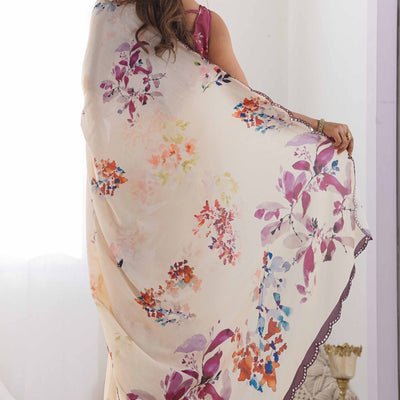 Cream Floral Printed Chinon Saree