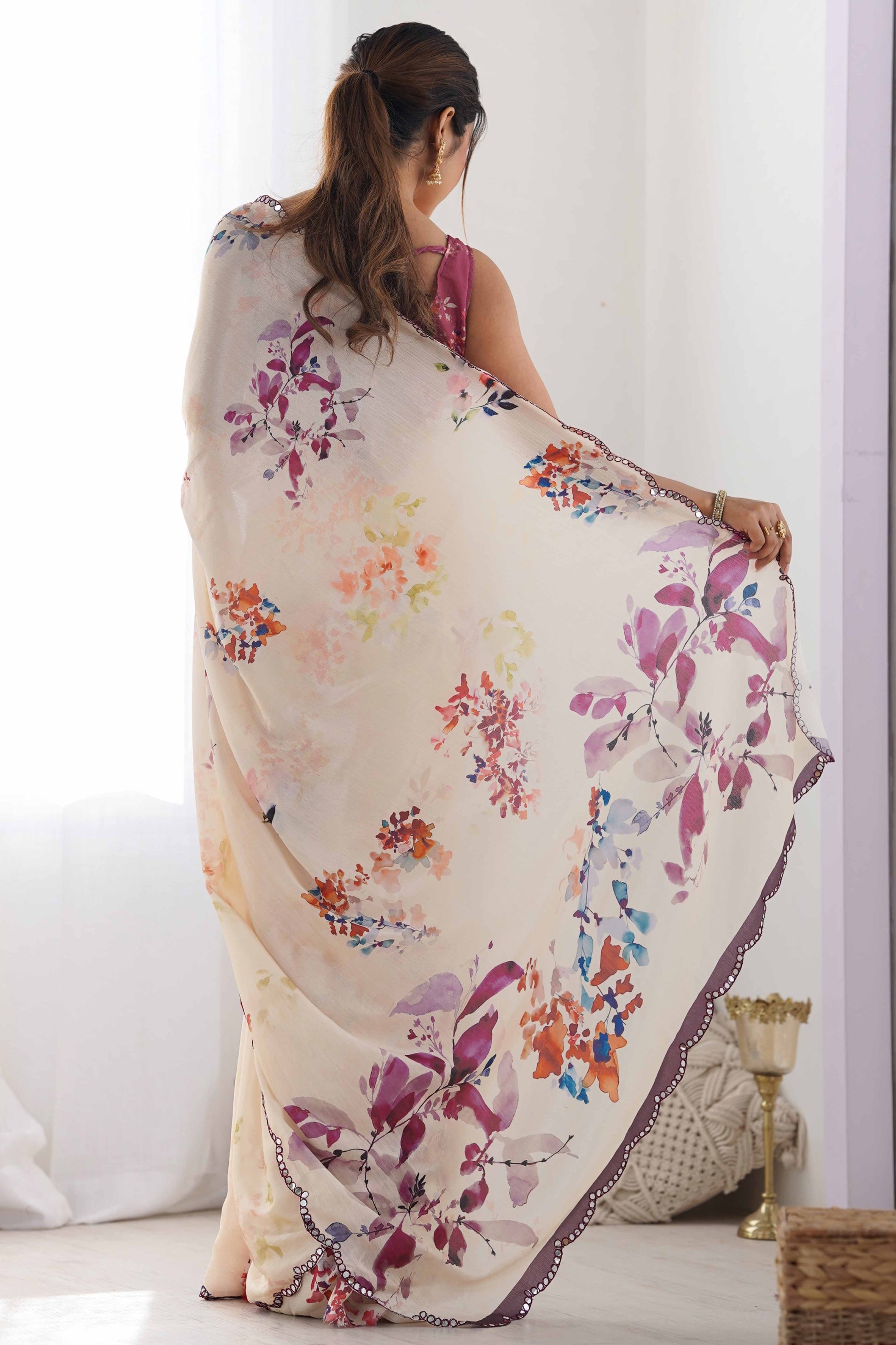 Cream Floral Printed Chinon Saree