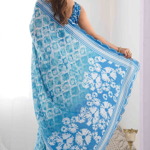 Blue Tie Dye Printed Chinon Saree
