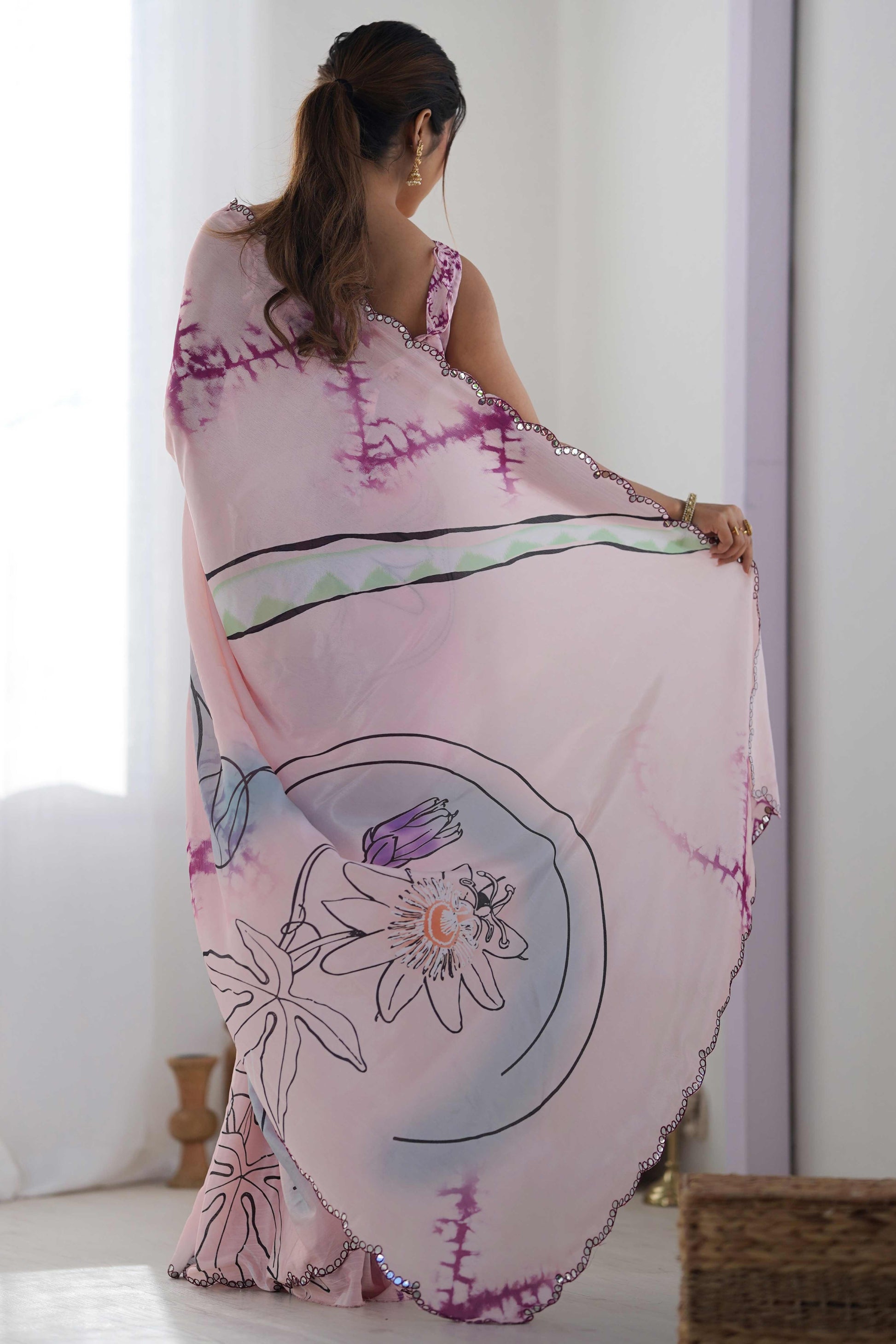 Light Pink Abstract Printed Chinon Saree