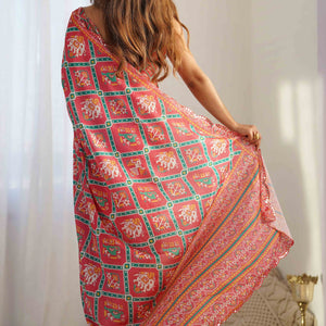 Gajri Pink Patola Printed Chinon Saree