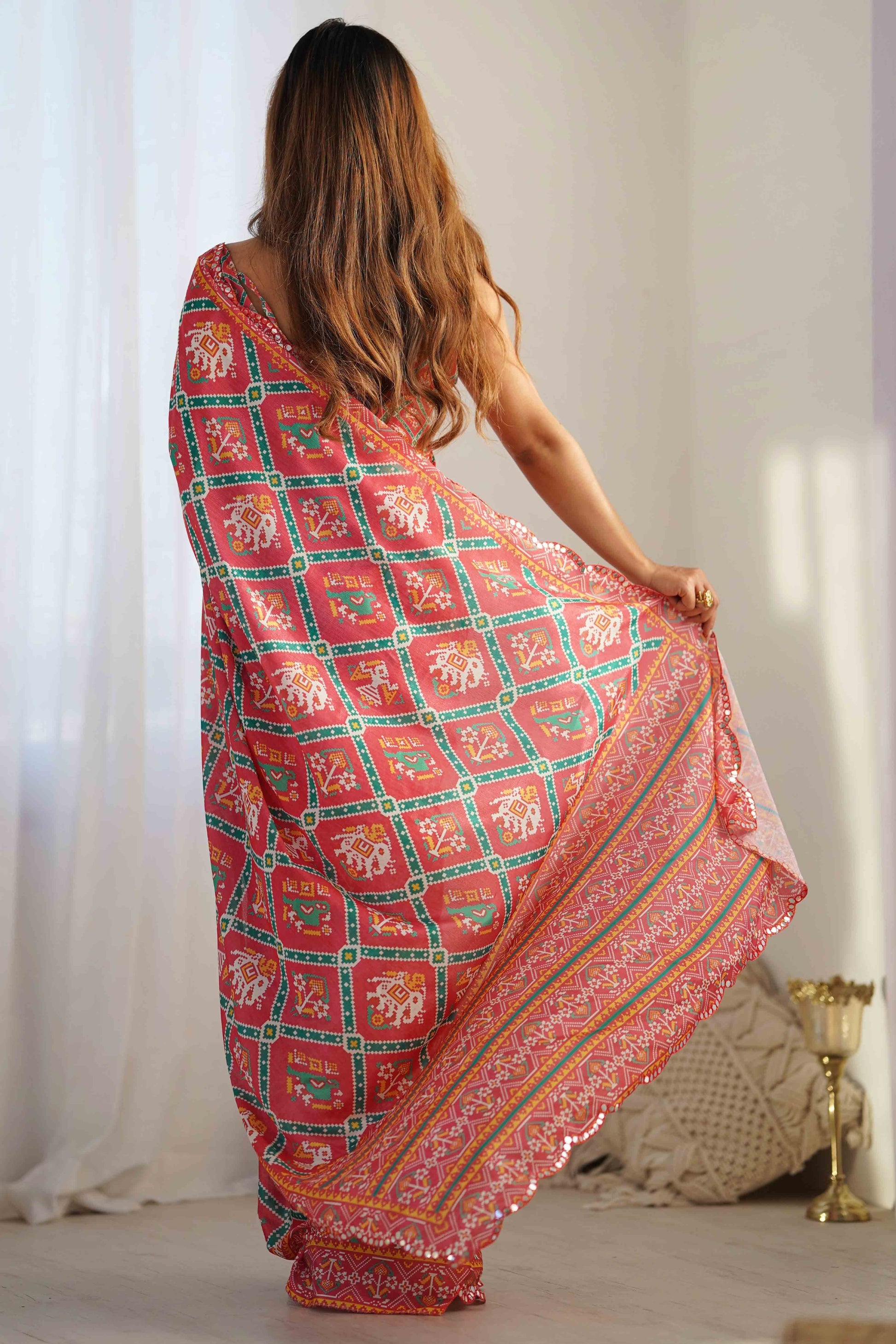 Gajri Pink Patola Printed Chinon Saree