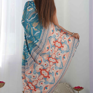 Light Teal Floral Printed Chinon Saree
