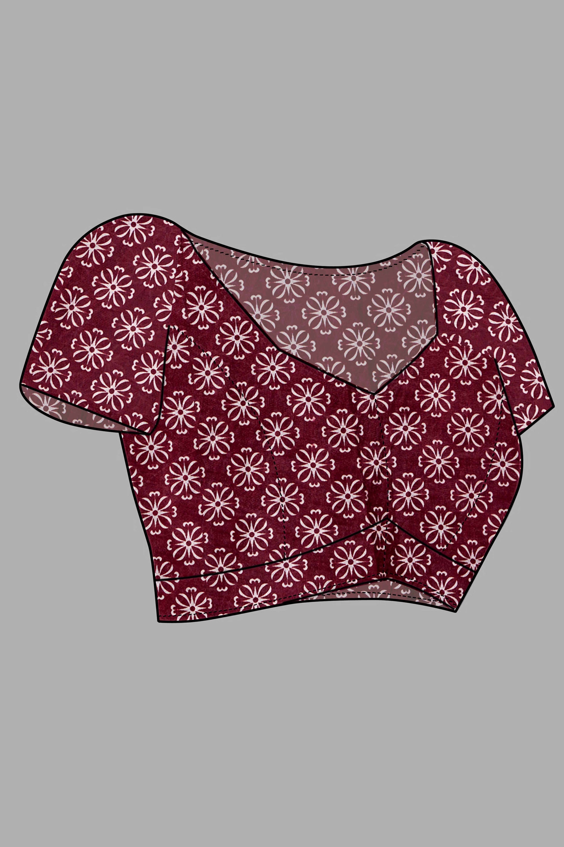 Dark Maroon Ajrakh Printed Cotton Blend Saree