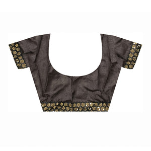 Brown Foil Printed Chiffon Saree With Embroidered Border