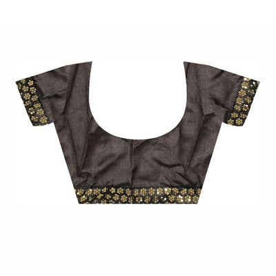 Brown Foil Printed Chiffon Saree With Embroidered Border