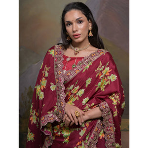 Maroon Floral Printed Chinon Saree With Embroidered Border