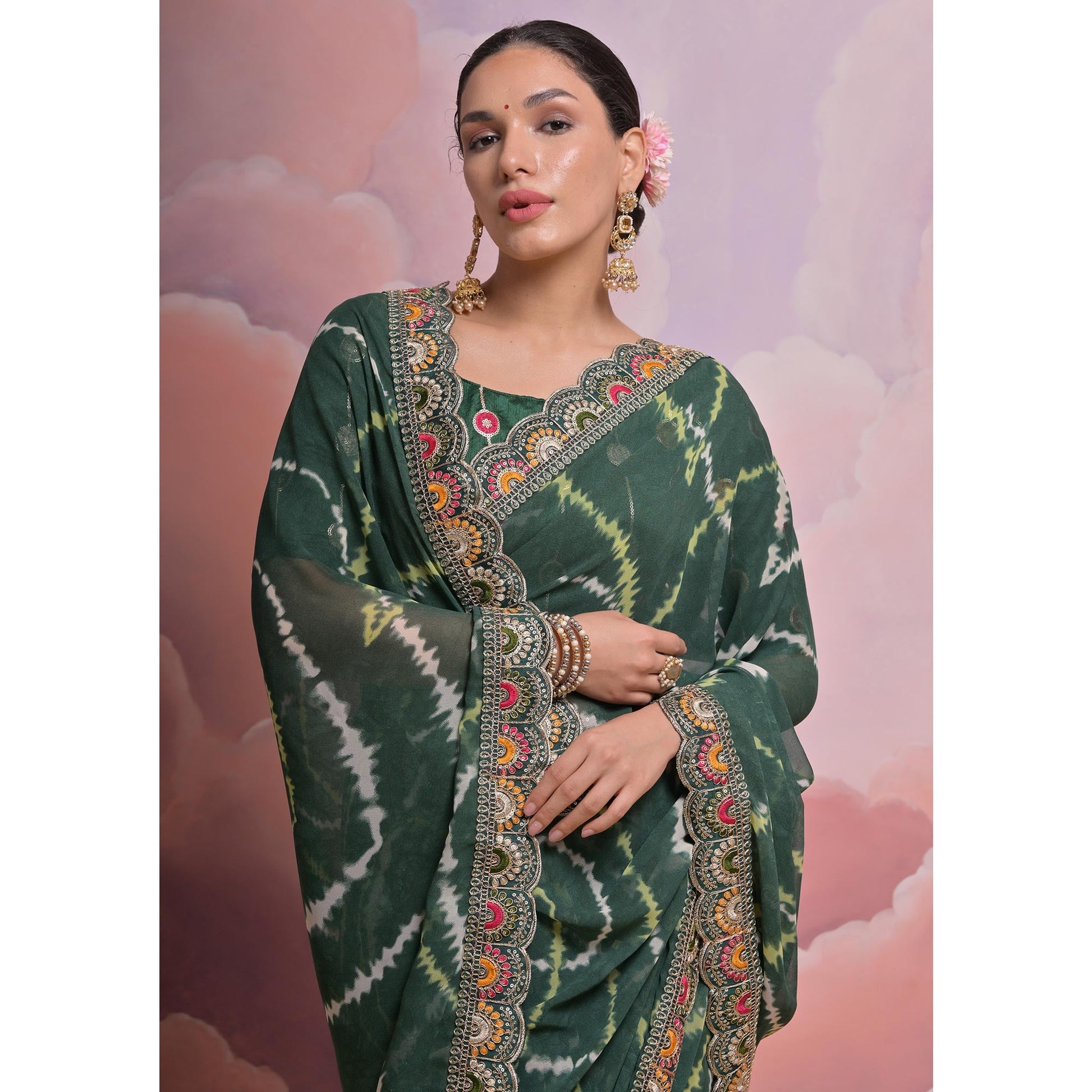 green-printed-with-embroidered-border-georgette-saree
