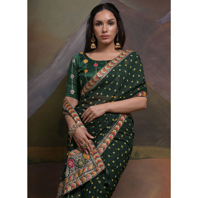 green-bandhej-printed-georgette-saree-with-tassels