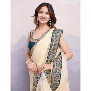 Cream Floral Sequins Embroidered Organza Saree With Lace Border
