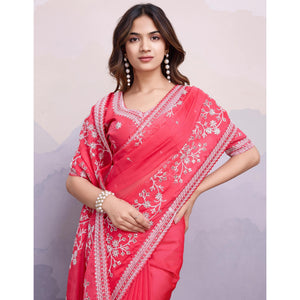 Gajari Pink Floral Sequins Embroidered Organza Saree With Lace Border