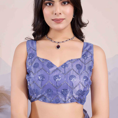 Light Slate Blue Sequins Embroidered Twill Net Saree