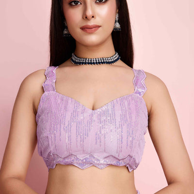 Lavender Sequins Embroidered Silver Twill Net Saree