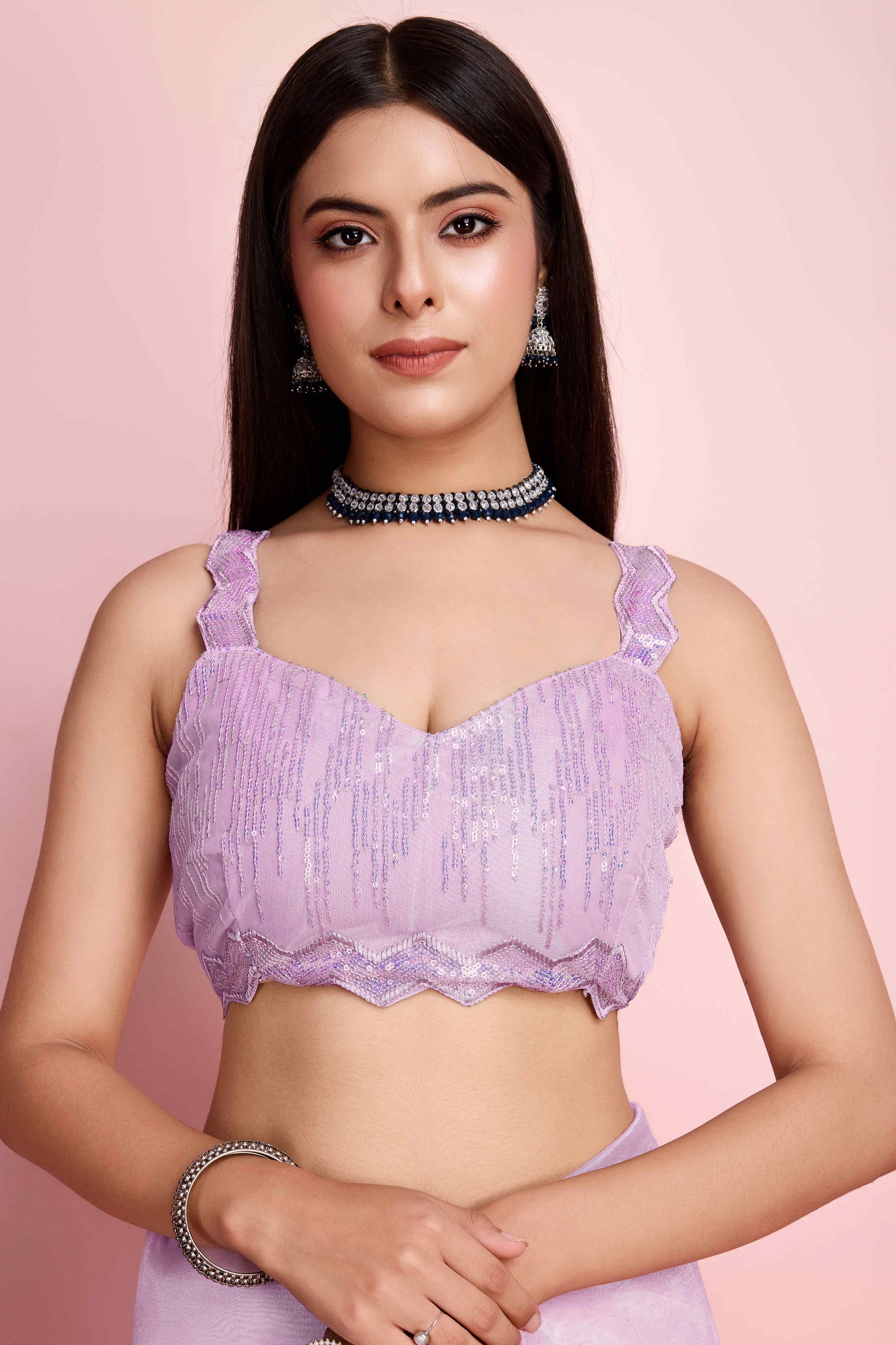 Lavender Sequins Embroidered Silver Twill Net Saree