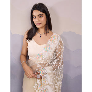 Cream Floral Thread Embroidered Net Saree
