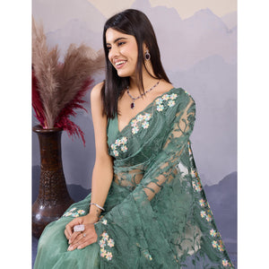 green-floral-thread-embroidered-net-saree
