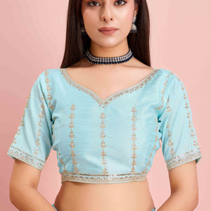 Blue Solid With Floral Sequins Embroidered Jimmy Choo Tissue Saree