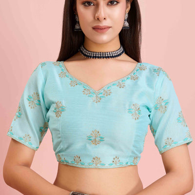 Blue Solid With Sequins Embroidery Border Mulberry Silk Saree