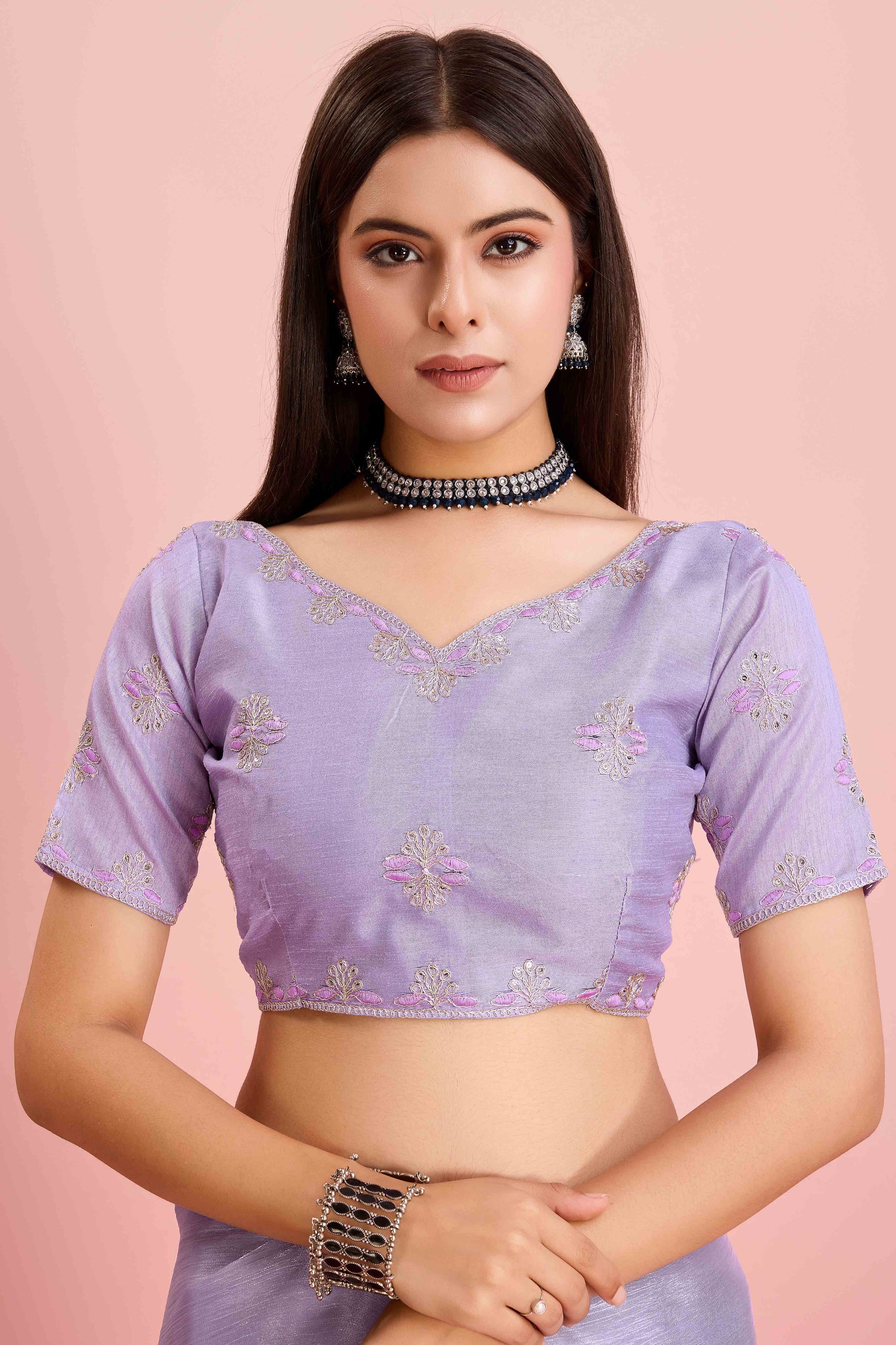 Lavender Solid With Sequins Embroidery Border Mulberry Silk Saree