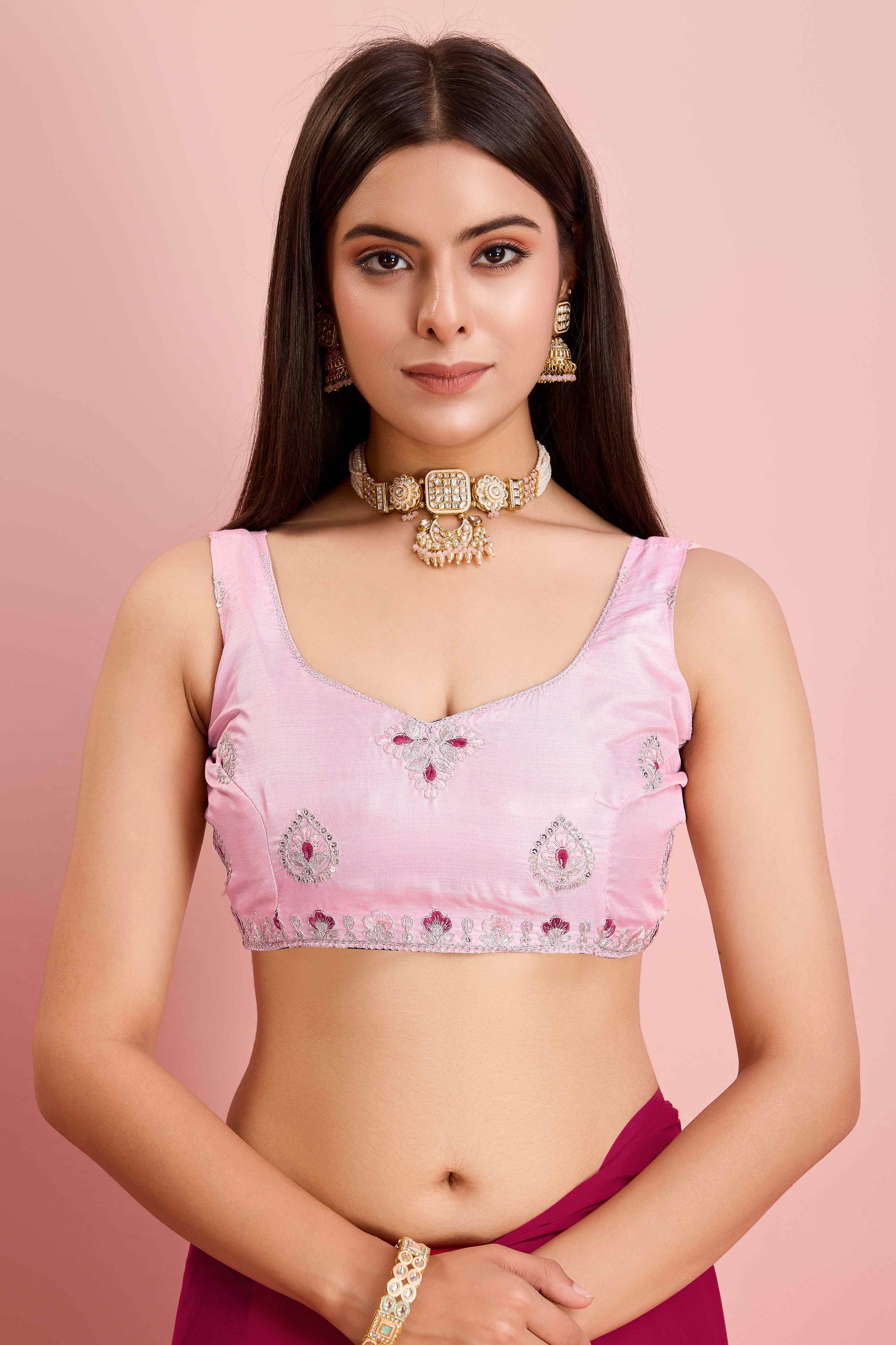 Dark Magenta Floral Sequins Embroidered Georgette Saree