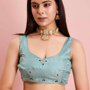 Morpich Blue Floral Sequins Embroidered Georgette Saree