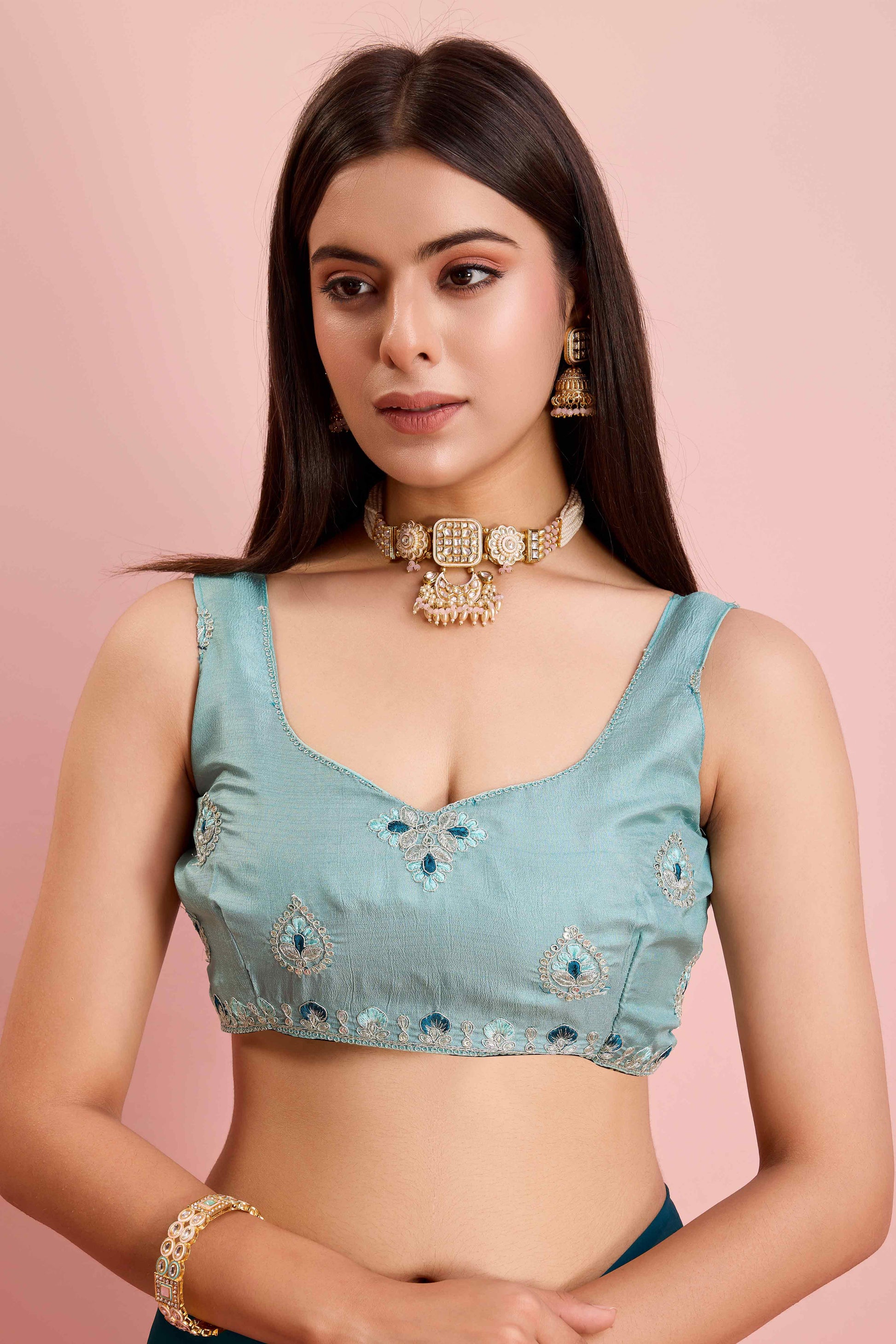 Morpich Blue Floral Sequins Embroidered Georgette Saree