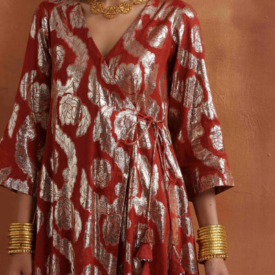 trueBrowns Rust Metallic Angrakha Kurta Set