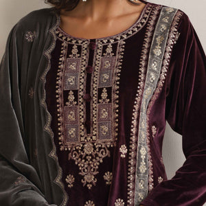 trueBrowns Purple Velvet Floral Embroidered Kurta Pant Dupatta Set