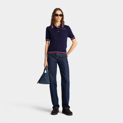 SPORTY & RICH | SERIF MINI CABLE POLO T-SHIRT { NAVY
