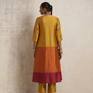 trueBrowns Gold Orange Silk A-line Kurta Set