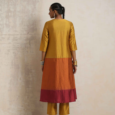 trueBrowns Gold Orange Silk A-line Kurta Set