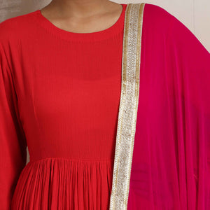 trueBrowns Red Crinkle Anarkali Kurta Pant Dupatta Set