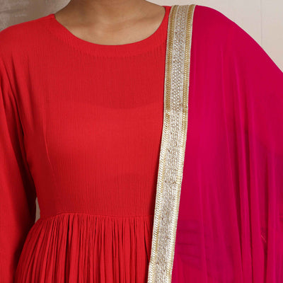 trueBrowns Red Crinkle Anarkali Kurta Pant Dupatta Set