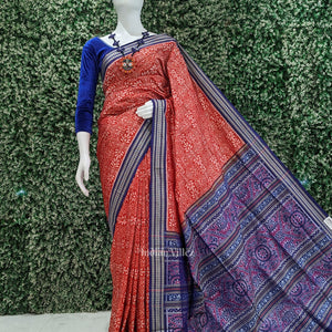 Red Blue Floral Motif Sambalpuri Silk Saree