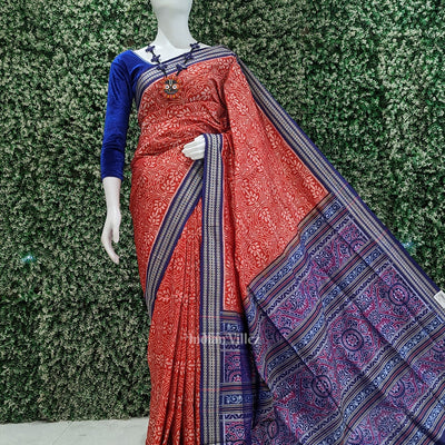 Red Blue Floral Motif Sambalpuri Silk Saree