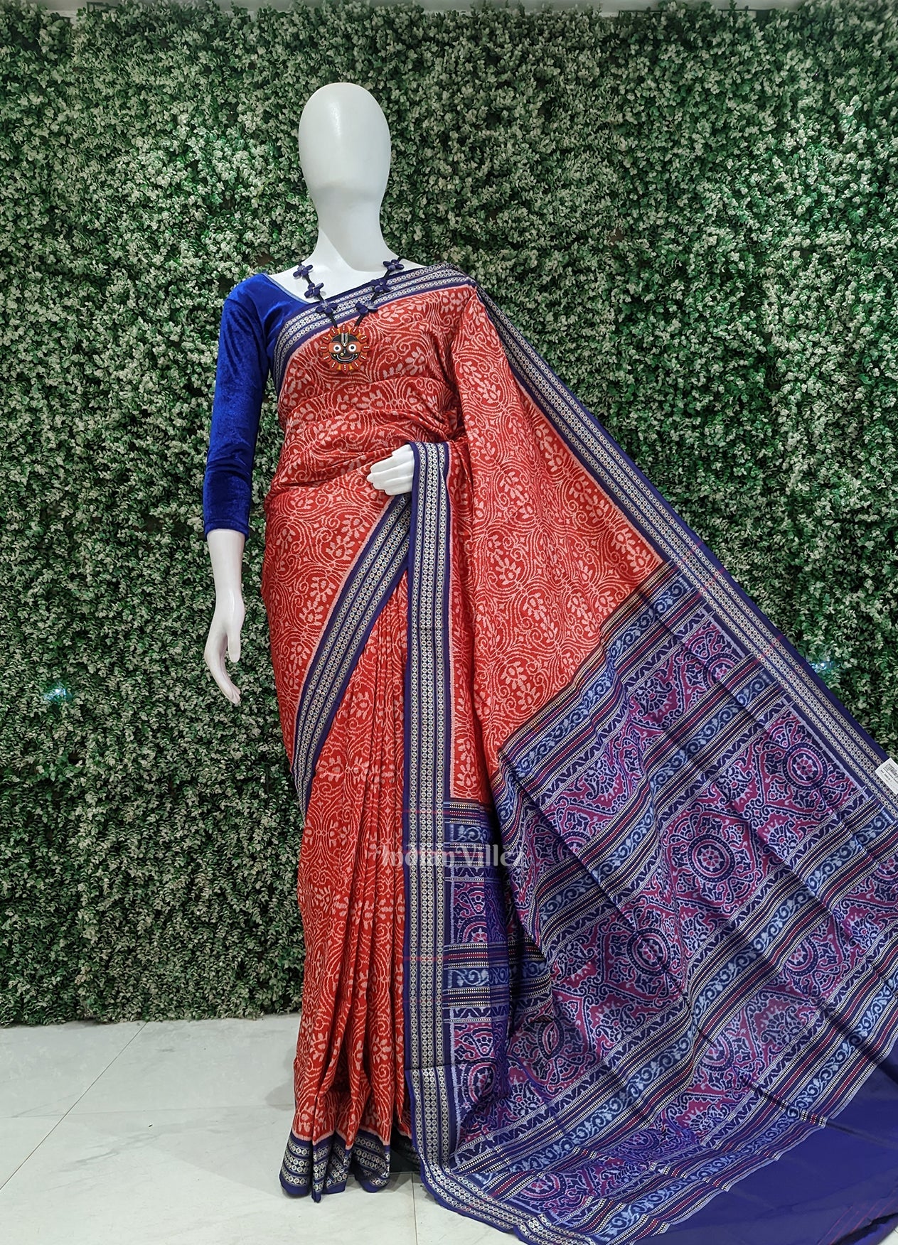 Red Blue Floral Motif Sambalpuri Silk Saree