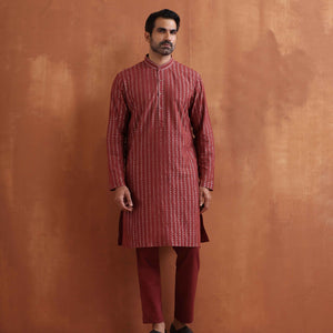 trueBrowns Men's Rust Cotton Dobby Kurta