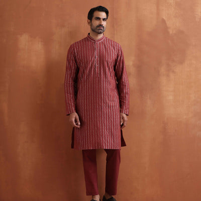 trueBrowns Men's Rust Cotton Dobby Kurta